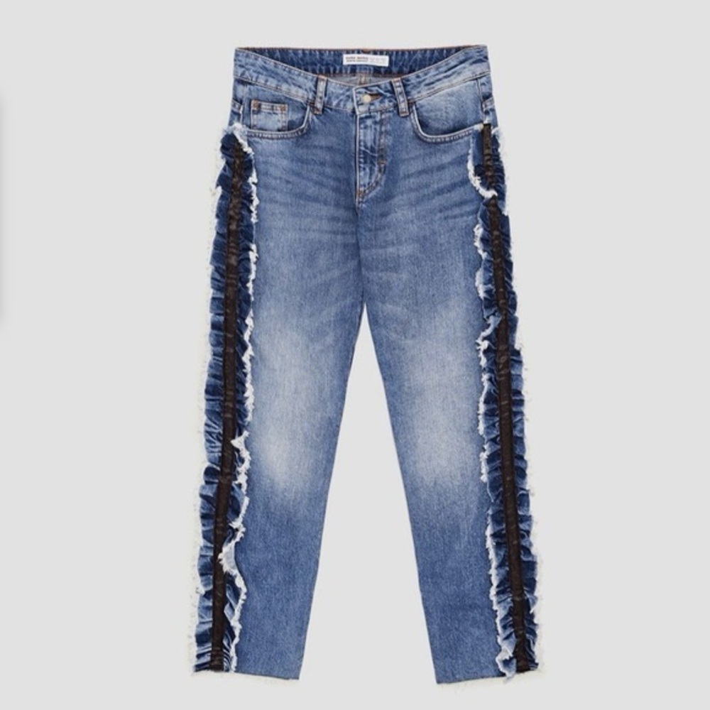 Zara Z1975 Denim Jeans With Ruffle Side Stripe & Fraying